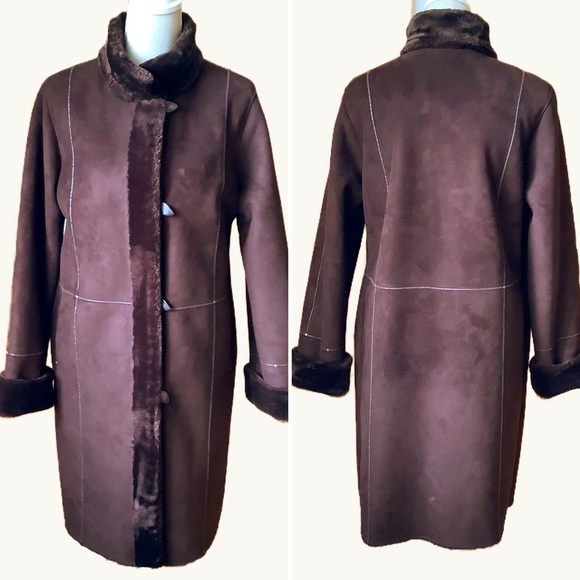 NOVELTI Brown Faux Suede Leather Shearling Midi Coat Size M - Picture 1 of 16
